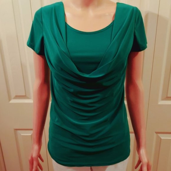 Jason Maxwell Emerald Green Short Sleeve Cowl Neck, Layered Front Top Size S - Picture 1 of 5